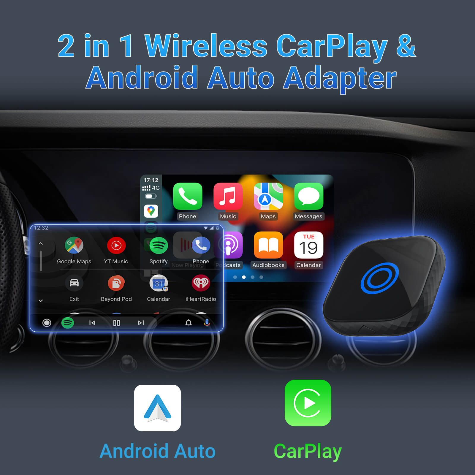 محوّل Smart Car Link اللاسلكي 2 في 1 لـ CarPlay/Android Auto